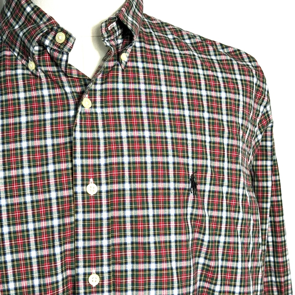 RALPH LAUREN Men's 17.5 44 Red Green White Plaid Long Sleeve Button Up Shirt